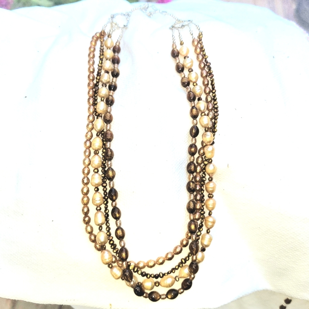 4 Strand Pearl Golden Coral Necklace 24" - 26" - Picture 4 of 7
